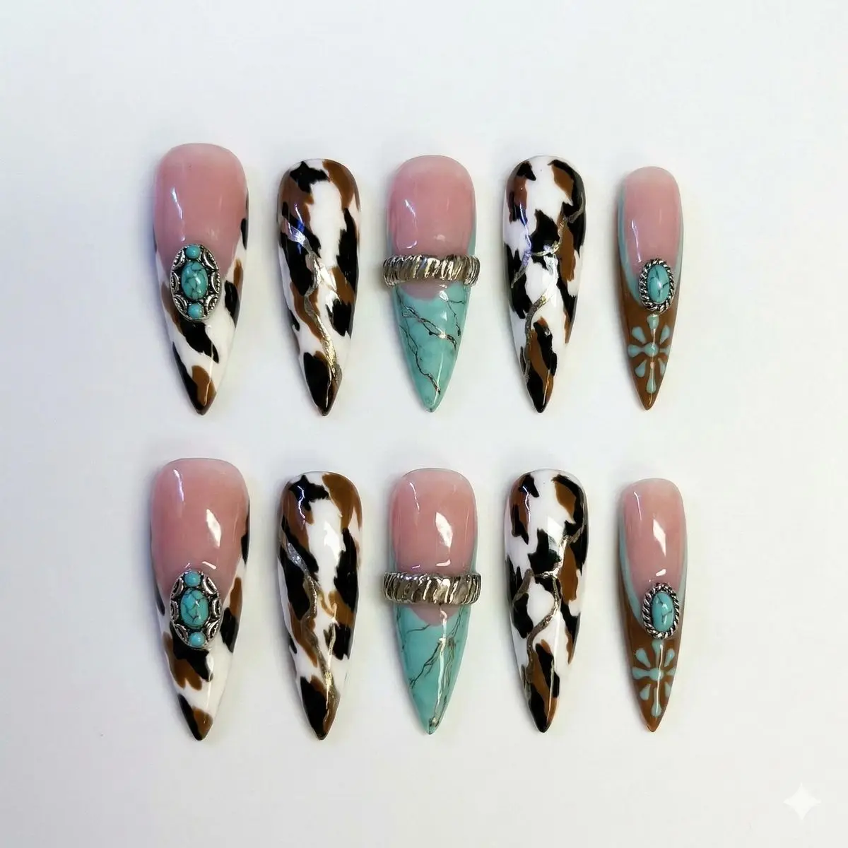 Handmade Cow Print Press On Nails: Turquoise Gem, Rodeo Stiletto | Farmhouse Chic Nails | Cow Print | Turquoise Marble | Western Boho Set