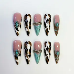 Handmade Cow Print Press On Nails: Turquoise Gem, Rodeo Stiletto | Farmhouse Chic Nails | Cow Print | Turquoise Marble | Western Boho Set