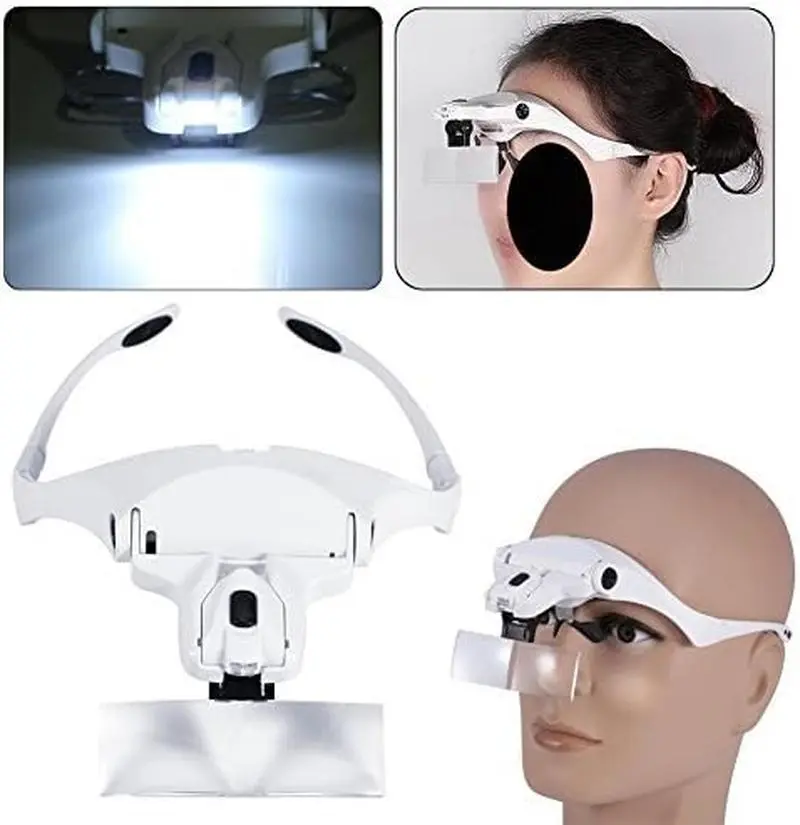 Yosoo Headband Magnifier with 5 Interchangeable Lenses, Adjustable Visor with 2 LED Lights, Hands-Free Loupe for Eyelash Extensions, Jewelry, Crafts & Precision Work Camera