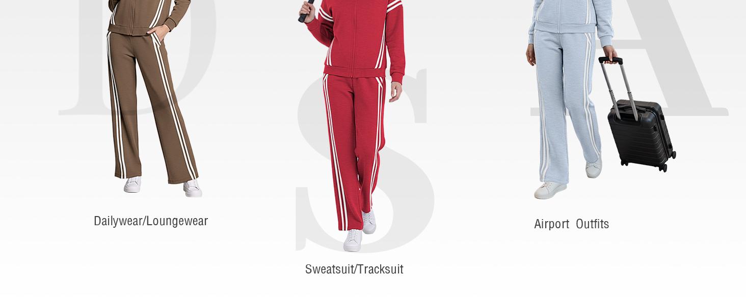 Casly Lamiit Women's 2 Piece Outfits Zip Up Sweatshirt Contrast Striped Wide Leg Sweatpants Suits Jogger Travel Matching Set Black Casual Long Sleeve Stand Collar Jacket High Waist Pants