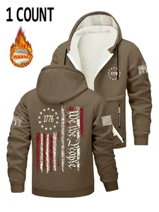 Men's Fall Winter Thick Jacket Hooded Sweatshirt Coat with Zipper Pocket, Flag Print, Casual Streetwear Long Loose Fit, Heavyweight Fleece Hoodie, Graphic Print Hoodie