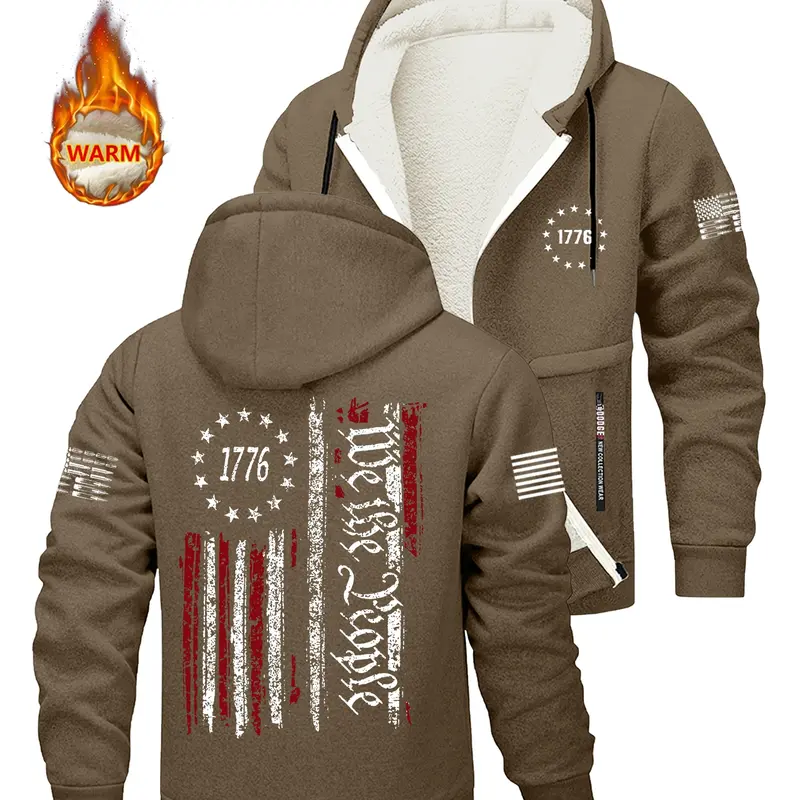 Men's Fall Winter Thick Jacket Hooded Sweatshirt Coat with Zipper Pocket, Flag Print, Casual Streetwear Long Loose Fit, Heavyweight Fleece Hoodie, Graphic Print Hoodie, Fashion Streetwear Apparel