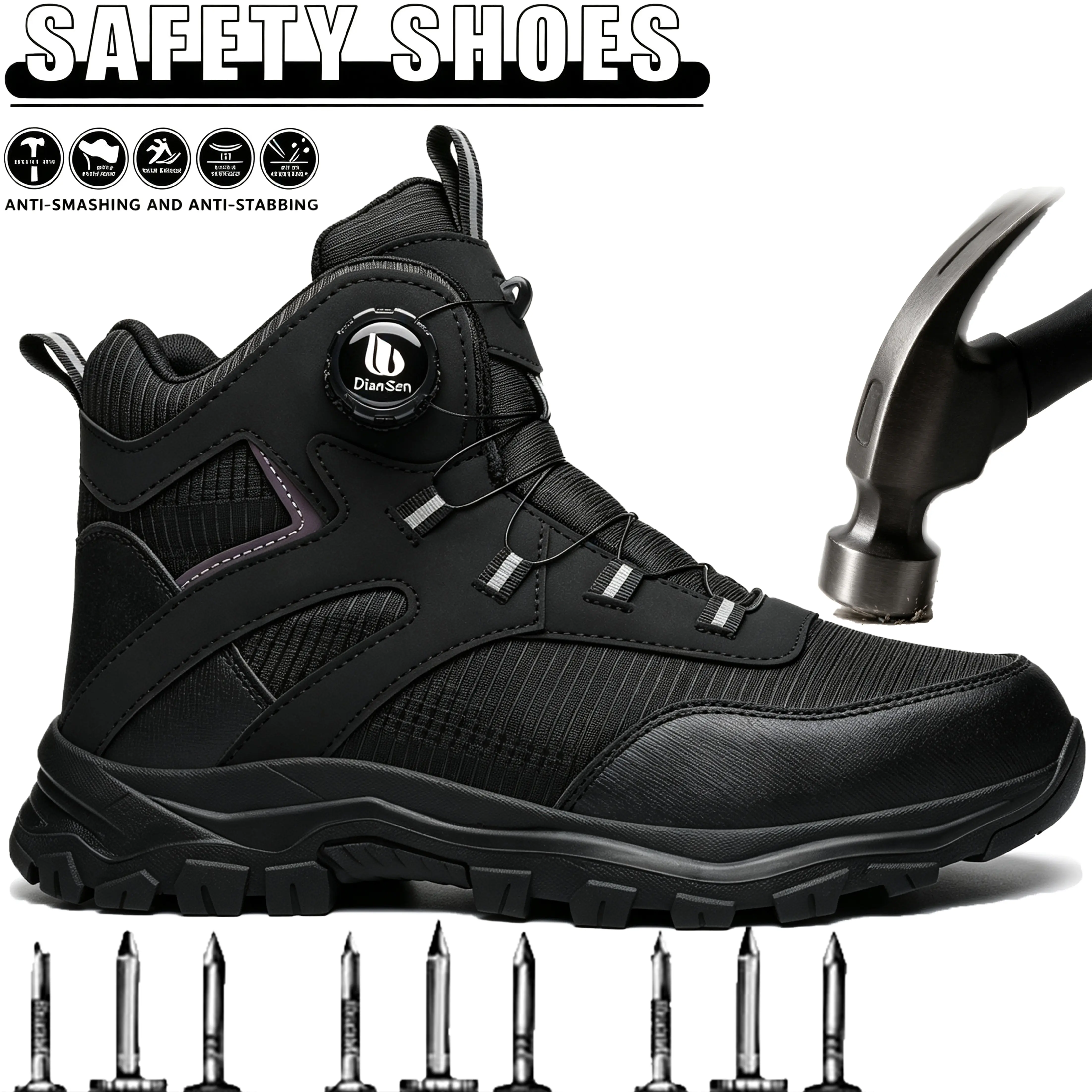 Men's Minimalist High-Top Steel-Toe Work Boots - Buckle Closure Anti-Smash Anti-Puncture Lightweight Comfy Durable Fabric Athletic Outdoors Safety Shoes for Construction Workers