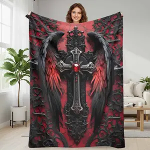Gothic Cross and Black Red Angel Wings Flannel Blanket Dark Elegant Ornamental Pattern Soft Warm Cozy Perfect for Living Room Bedroom Halloween Decor Gothic Themed Parties Unique Gift for Friends