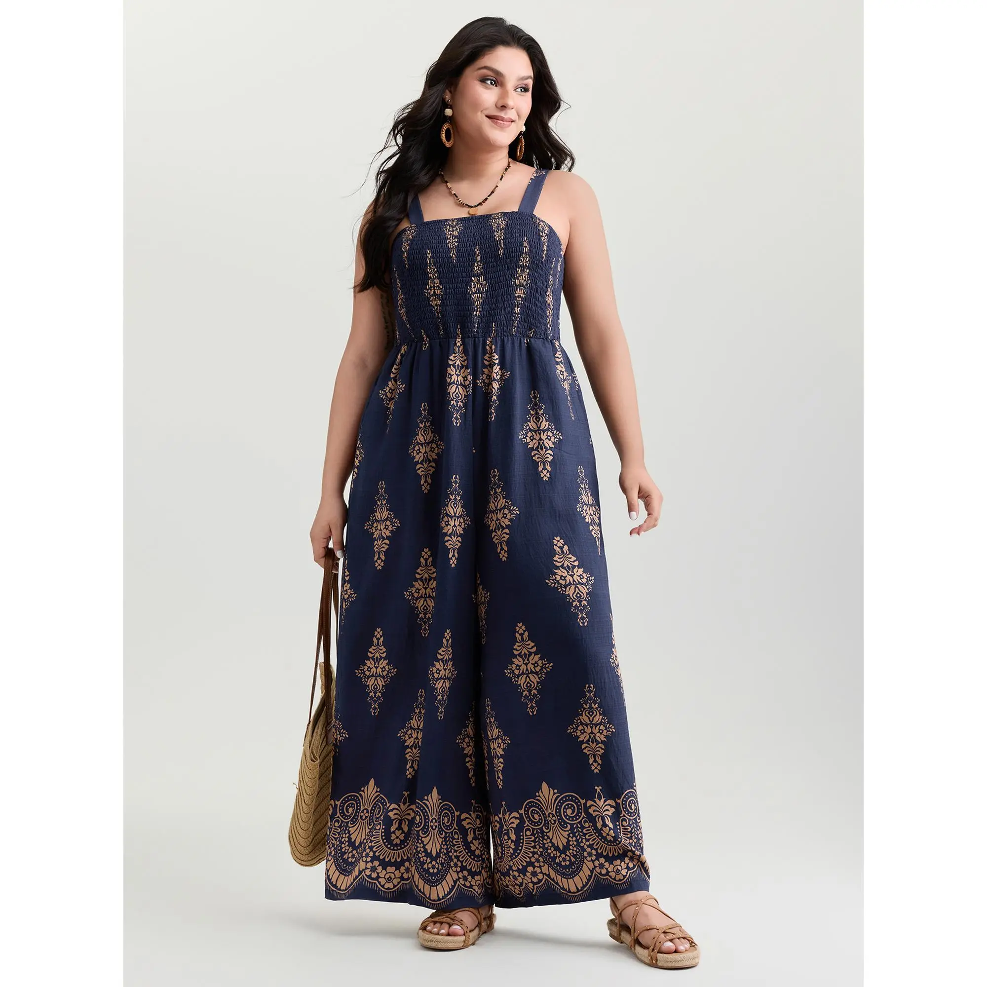 BloomChic Women's Plus Size Sleeveless Boho Printed Overalls, Rayon Blend Maxi with a Shirred Bodice and Pockets, Pocket