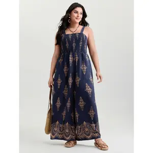 BloomChic Women's Plus Size Bohemian Blue Printed Overalls - Nylon Sleeveless Lady Garment, Waist-Defining Shirred, Smooth Fabric, Pocket, Flattering Fit, [M-6X] 2026 Summer Vibes Blue Fit
