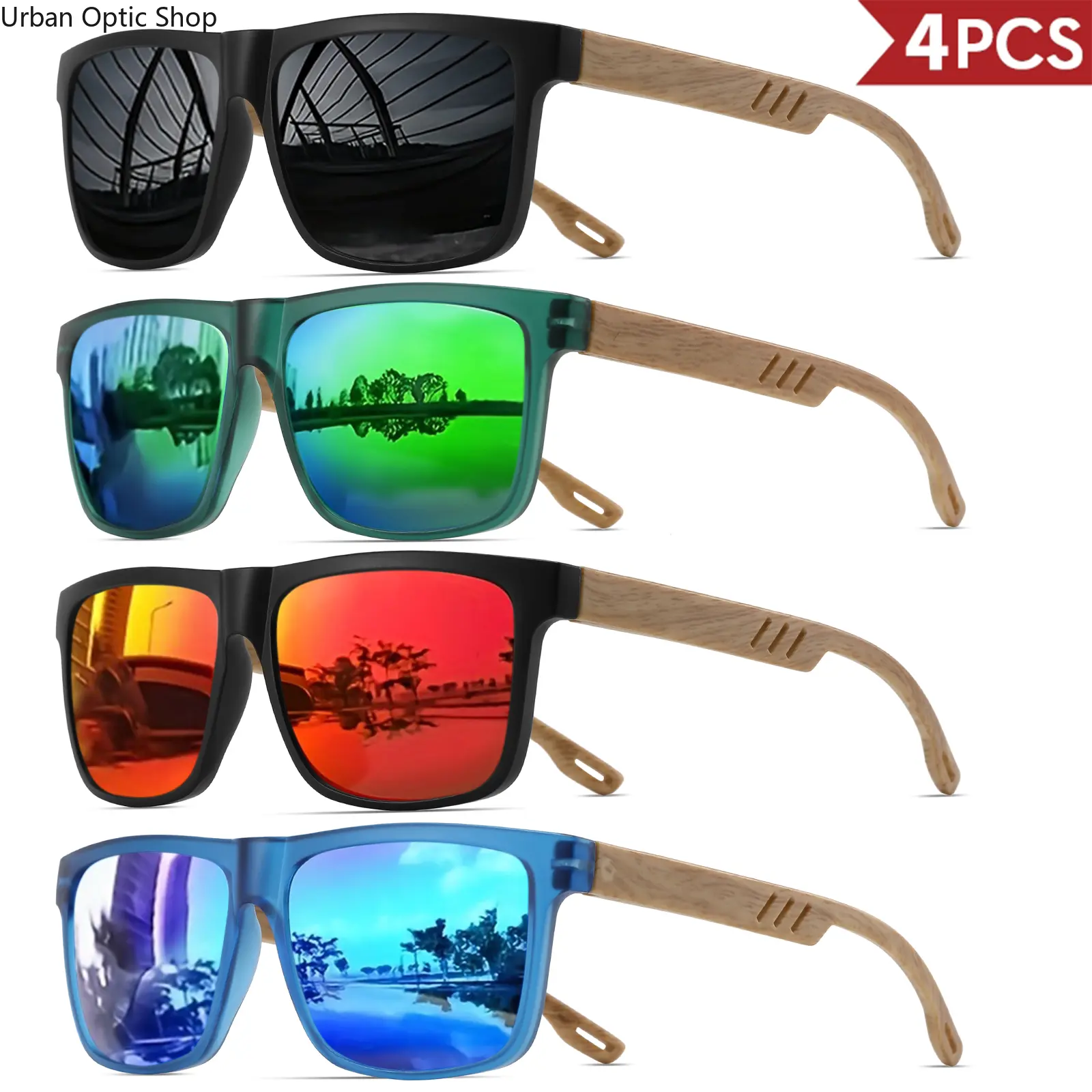 4PCS Wood Grain Spring Hinge Sunglasses - Classic Retro Square Frame, UV400 Unisex Comfort Fit, Men’s, Geometric-Shaped, Aesthetic, Anti-Ultraviolet, Flat-Faced for Daily Casual Wear, Men’s Sunglasses, Geometric-Shaped Men's Sunglasses
