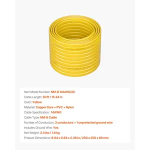 VEVOR NM-B Wire, 14AWG/2C Non-Mettalic Residential Indoor Electrical Wire with Ground, PVC Sheathed High-Purity Copper Core Cable, for Outlets, Switches, Other Loads Lighting Wiring Projects(50 ft)