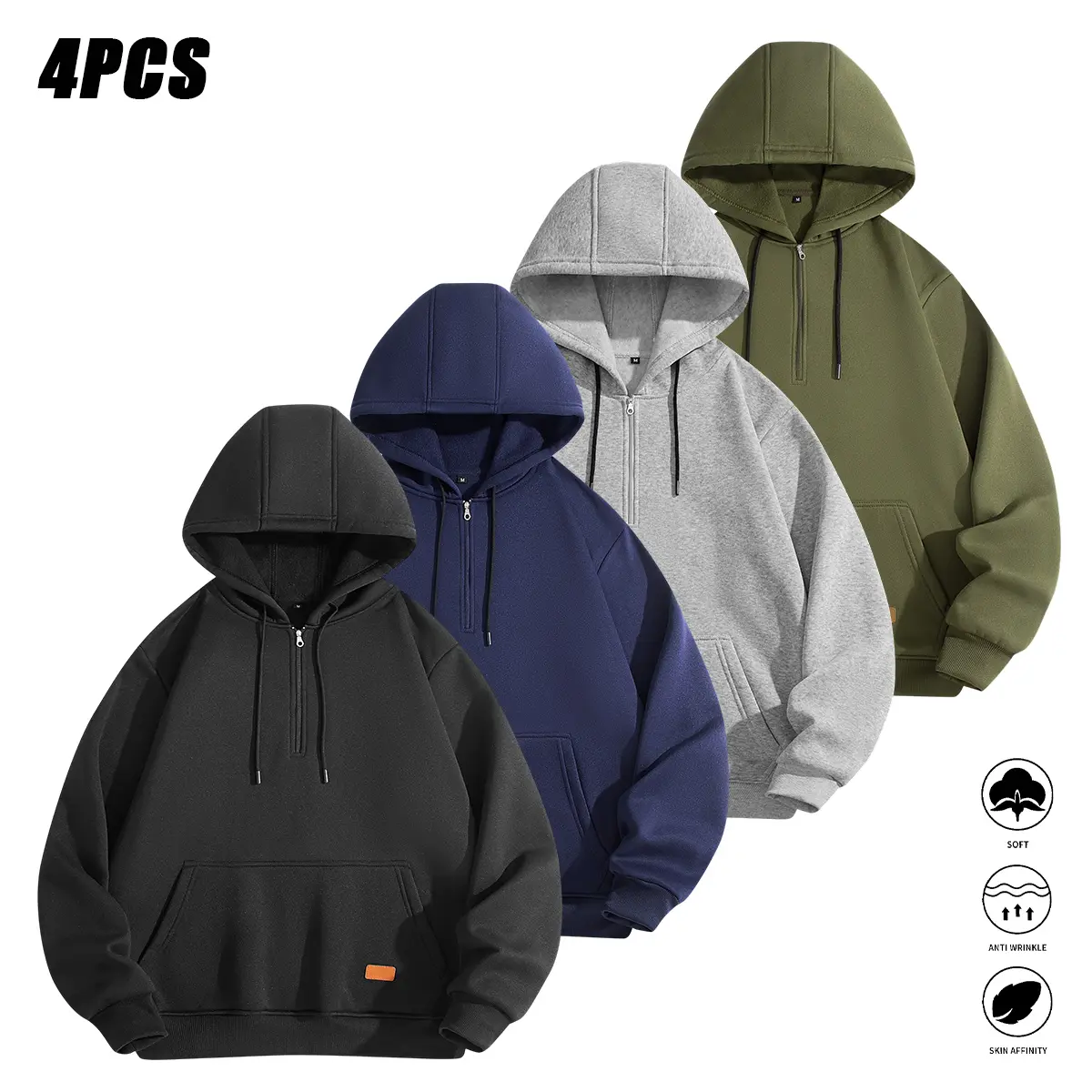 JOGWAVE 4PCS Men’s Hooded Pullover Sweatshirts, Plain Casual Solid-Color Polyester, Machine Washable, Regular Fit, Autumn Winter Menswear, Campus Style, Couples’ Matching Outfits, Back-to-School Essential
