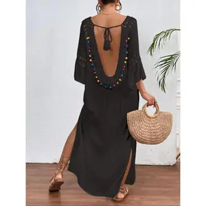 Women's Crochet Trim Tie Backless Split Thigh Cover Up Dress with Flounce Sleeves - Casual Loose Summer Beach Swimwear Cover Up