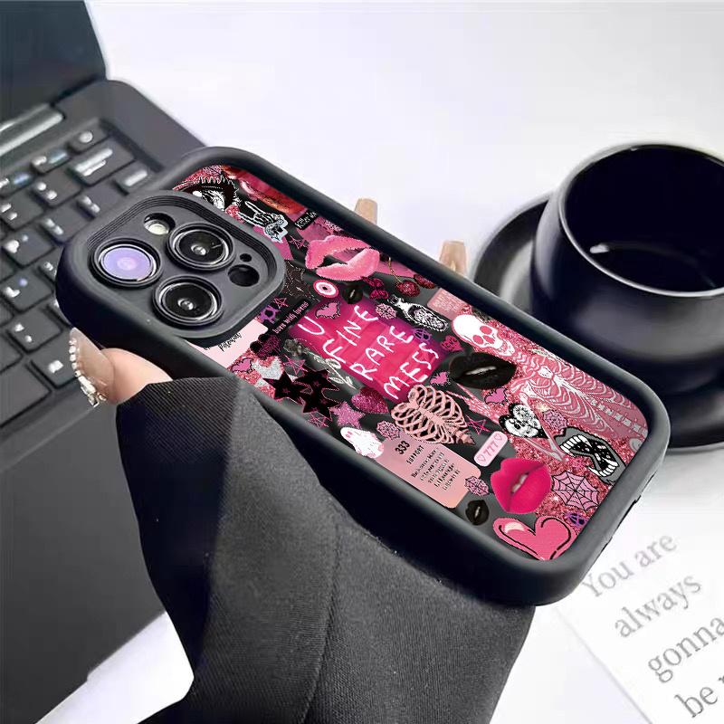 Phone Case Featuring a Collage Pattern of European And American Skulls, Lip Prints, And Eyes,  Made from Durable TPU for Protect,Compatible with Various for iphone Models Including  17 16 15 14 13 12 11 PRO MAX PLUS,AIR Mini SE and iPhone XS MAX,