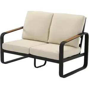 LITTLE TREE Outdoor Loveseat with Tall Back & Oversized Seat, Black Metal Frame with Wood Armrests, PET Fabric Cushions, Modern 2-Seater Patio Furniture for Porch, Deck, Backyard