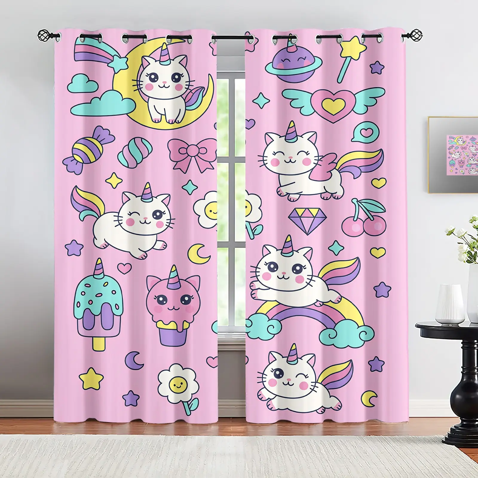 Kawaii Unicorn Cat Window Curtains, Pink Caticorn Blackout Drapes with Candy & Flower Print, Thermal Insulated Room Darkening Curtains for Girls, Cute Cartoon Curtains for Kids Bedroom