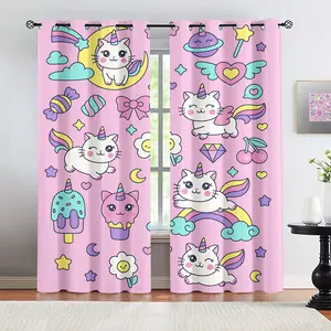 Kawaii Unicorn Cat Window Curtains, Pink Caticorn Blackout Drapes with Candy & Flower Print, Thermal Insulated Room Darkening Curtains for Girls, Cute Cartoon Curtains for Kids Bedroom