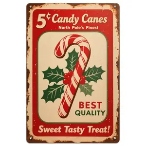 Vintage Candy Canes Metal Sign, Retro Christmas Holiday Wall Art, Festive Kitchen Or Cafe Decor, Vintage Candy Poster For Sweet Lo Vibrant Colors Wall Poster
