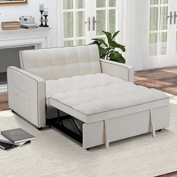 EBELLO 3-in-1 Convertible Velvet Futon Couch Sleeper Sofa Bed - Soft Polyester Loveseat with Cushion, Side Storage Pockets, Grey&White Upholstered Furniture for Small Spaces, Christmas Gift, Love Seat