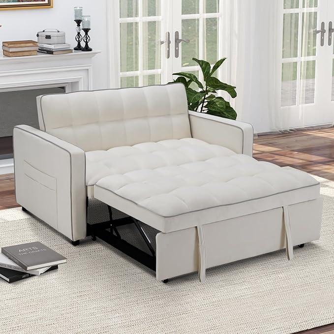 EBELLO 3-in-1 Convertible Velvet Sleeper Sofa Bed | Modern Loveseat Futon with Side Storage Pockets for Small Space, Grey&White | Christmas Gift