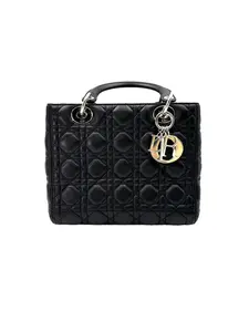 Pre-owned Dior lambskin leather Crossbody Bags Christian Lady Black Cannage Leather Handle Bag With Silver Charms DR598