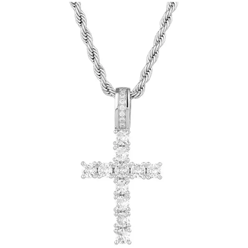 Chunky Gold Plated Brass Ankh Bold Cross Pendant Necklace - 5A+ Cubic Zirconia Iced Out, 3Mm*20Inch Stainless Steel Rope Chain, Elegant Classic Gold Unisex Jewelry, 22*48mm, Men's Accessories, Ideal for Casual Wear