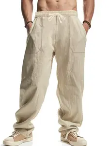 Men's simple linen yoga pants, beach loose and casual elastic belt with drawstring pocket design, Casual Elastic Waist, comfortable for daily wear, essential item for men's wardrobes, Casual Comfy Trousers
