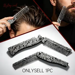 Men's Vintage Engraved Folding Comb, Stainless Steel Anti-Static Portable Hair Comb, Pocket Size Styling Tool, and Options