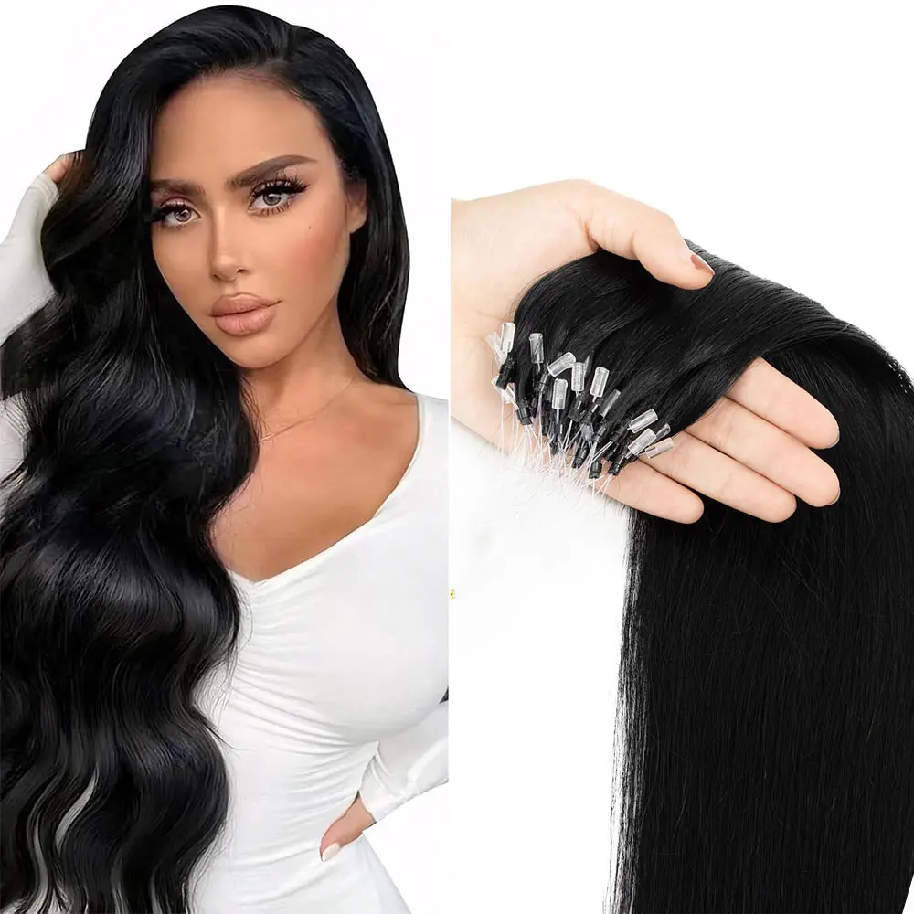 Real Human Hair Micro Ring Extensions - Silky Natural Straight Hairpiece, 0.6g Per Strand, 50pcs Multi-Size Pack (12in,16in,20in), Natural Black, Easy-Apply Micro Bead Links DIY Bulk for Soft Look, Human Hair Silky