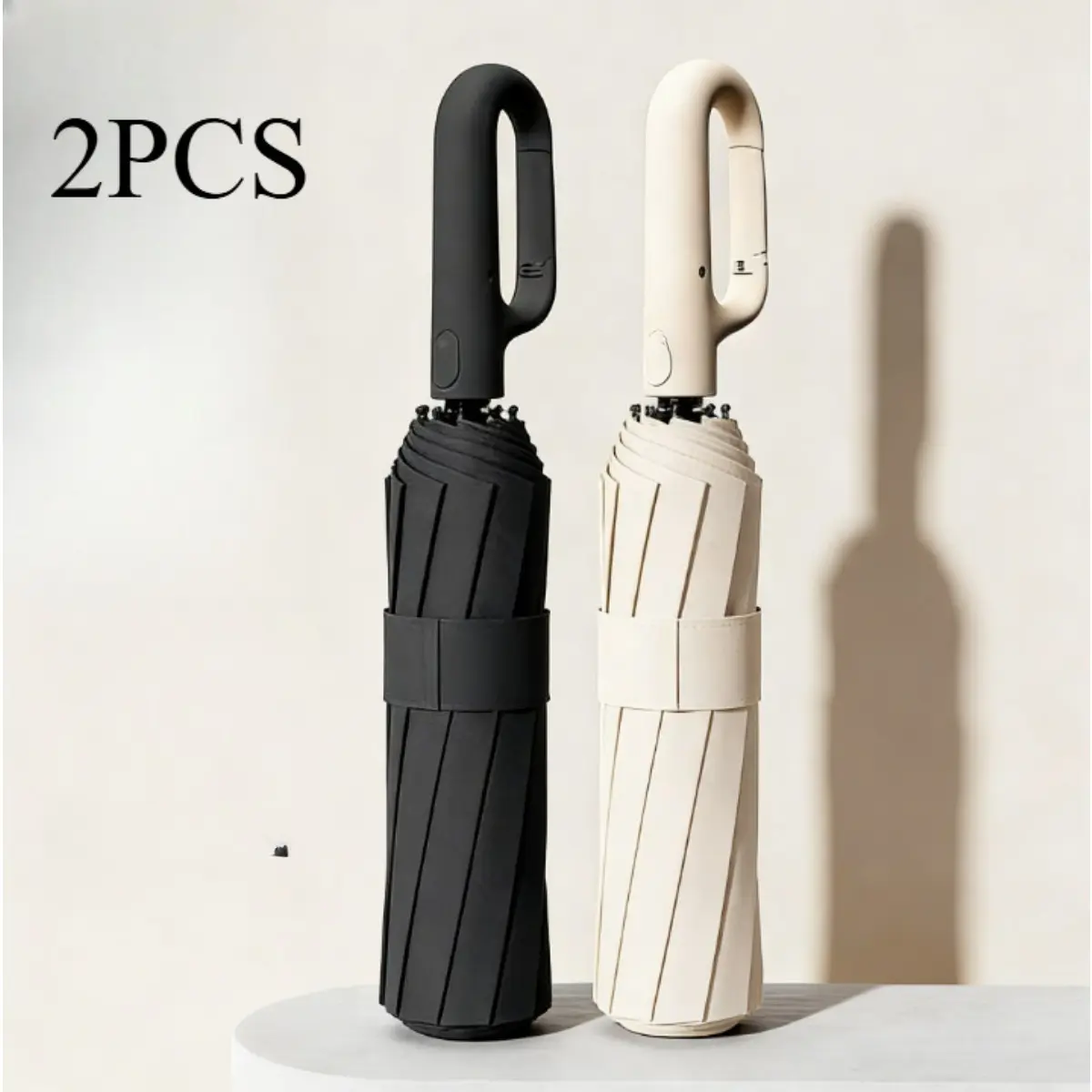 2-Pack Auto Open/Close Umbrellas with Carabiner Handle, Windproof Travel Umbrella Set, Lightweight Compact for Commute, Couple/Family Rain Gear, All-Weather Outdoor Essential
