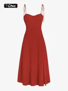 Women's Adjustable Tie Shoulder Split Cami Dress, Spaghetti Strap A-Line Midi Dress, Elegant Chic Flared Dress for Wedding Guest Party Dating, Womenswear
