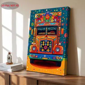 2D Flat, 1 Piece Punjabi Truck Art Print - Vibrant Indian Wall Decoration, Vintage Classic Truck and Floral Pattern, Framed Canvas Art, Suitable for Bedroom, Living Room, Bathroom - Cultural Gift from Punjab, Ready-to-Hang Colorful Home Decor