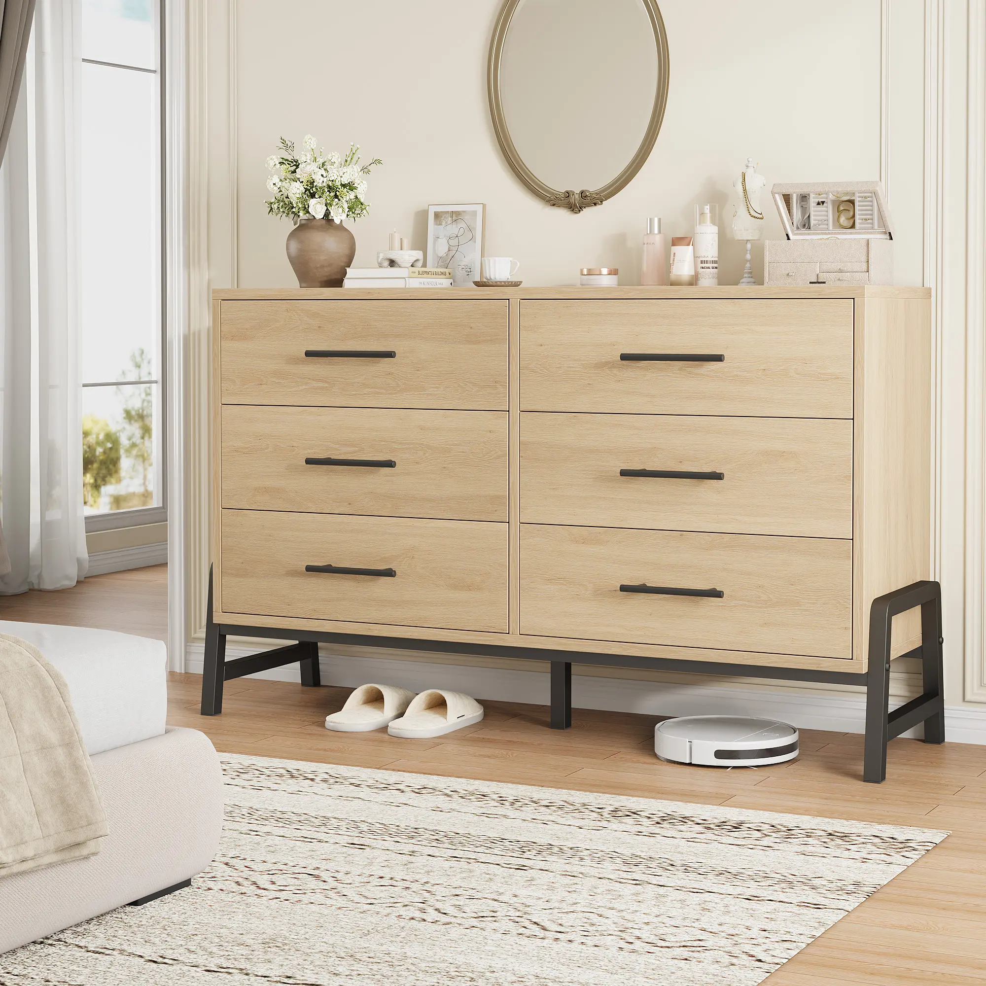6 Dresser for Bedroom, Wood Chest Of Drawers, 52 in Wide Drawer with Large Storage Space, Freestanding Wooden Closet Storage Dresser Chest for Living Room, Bedroom, Entryway