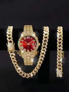 3 Piece Set Hip Hop U-Shaped 13mm Full Diamond Cuban Chain Necklace Bracelet Watch Set, Fashion Luxury Men's Accessories, Fashionable Jewelry Set