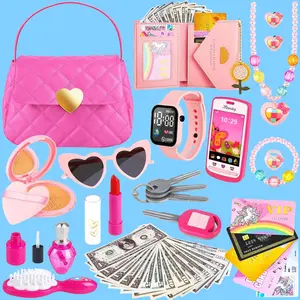 BY-FCPB19  Kids Play Purse for Little Girls Toddlers, Toy Purse with Accessories, Wallet, Fake Phone, Fake Makeup Toys & Play Jewelry, Toddler Pretend Play Toys for Girls, Little Girl Gifts Age 3 4 5 6 Year Old