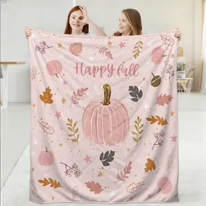 1 piece Harvest Festival pink watercolor pumpkin print lunch break blanket is light for all seasons, perfect gift for friends and family, suitable for sofas, beds, camping and travel Throw Blanket