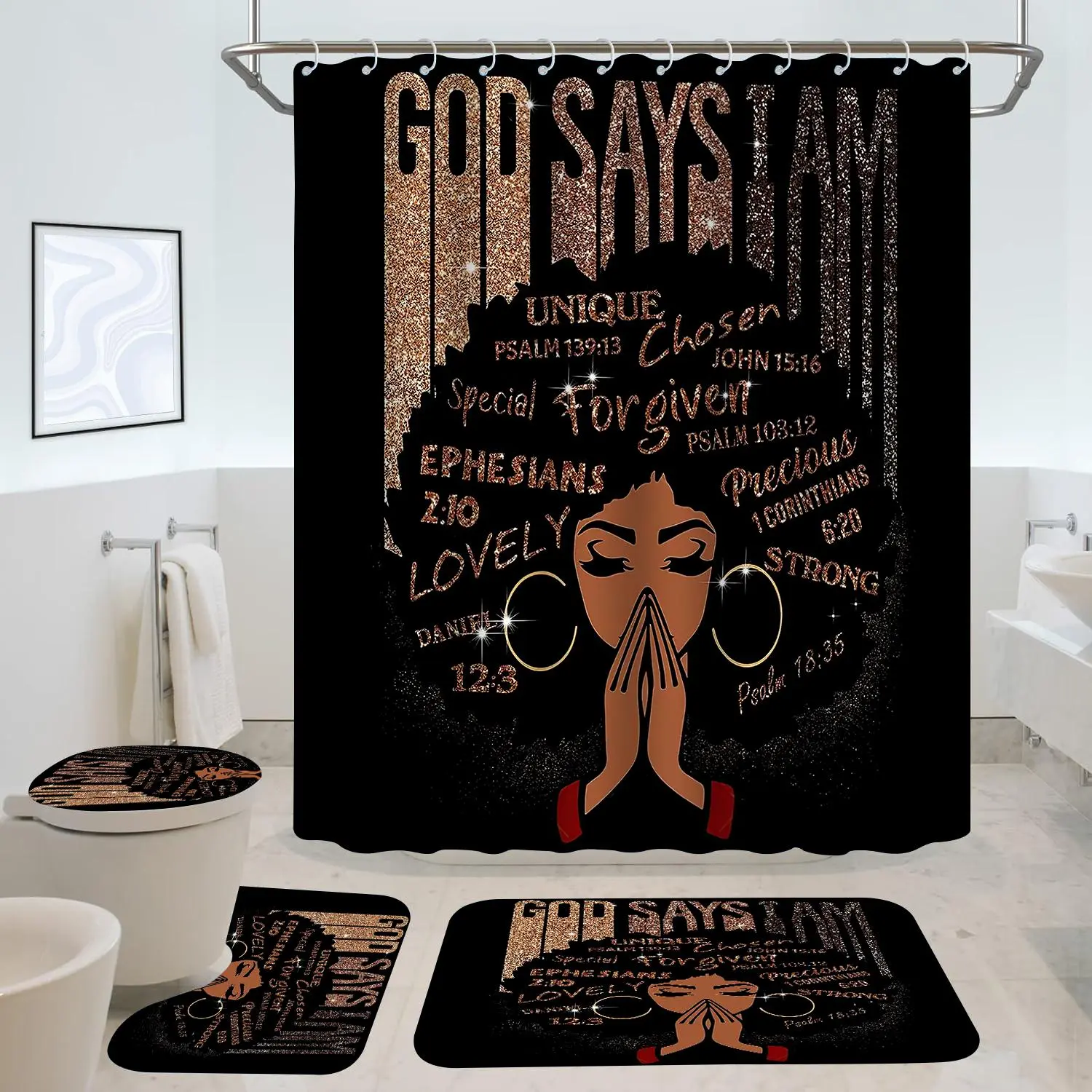 Home Decor Girl Pattern Bathroom Decor Set, 4 Counts/set Non-slip Bathroom Rugs & Shower Curtain with Hooks, Accessories Decoration for Bathing, Chill Room Accessories, Home Essentials
