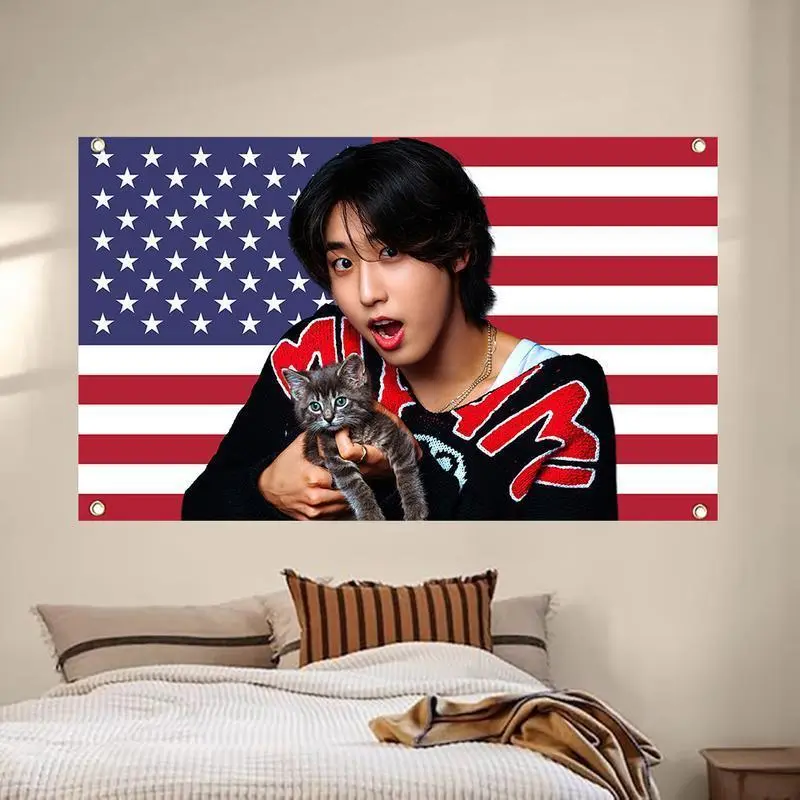 SKZ Han with a Kitten American Flag 3x5ft K-Pop Tapestry, K-Pop Merchandise, Fan Gifts, Wall Hanging, Room Decor, Wall Hanging, Fan Art Decoration