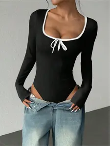 Women's Colorblock Ribbed Bodysuit, Elegant Long Sleeve Square Neck Bodysuit for Daily Wear, Ladies Clothes for All Seasons, Tops