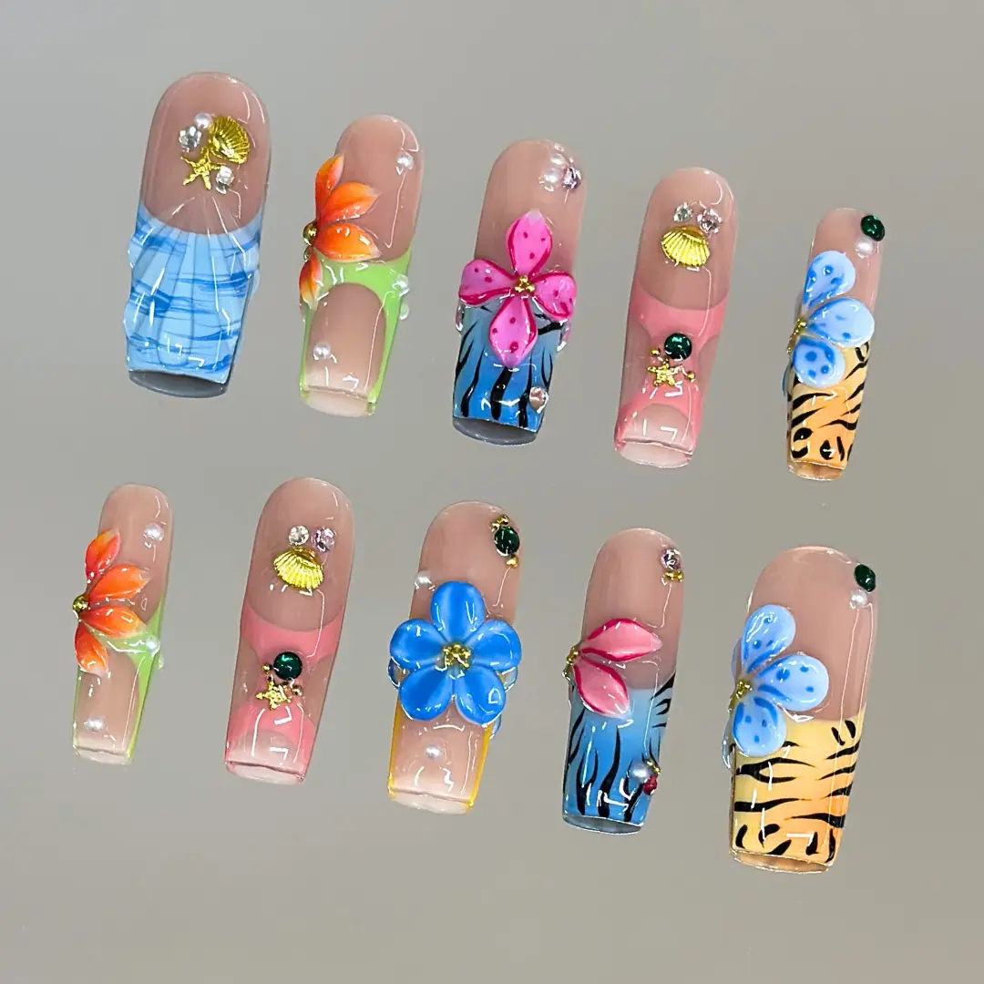 NailVesta TROPICAL SPRITZ – 100% Handcrafted 3D Press-On Nails | Reusable, Long-Lasting, Salon-Quality black lace nail art nail art