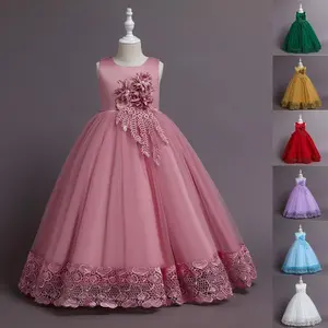 Pink Kids Clothes Applique Princess 0001 Long Ball Gown Frock Children Formal Evening Party Pageant Prom Host Cocktail Dress White Flower Girls 4-14Y