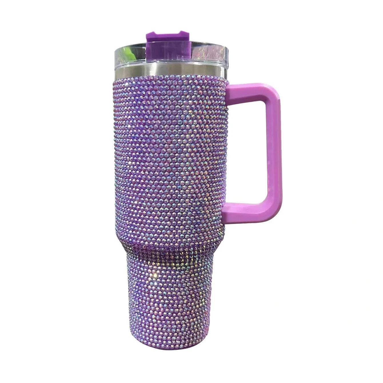 Car Stuff 40oz Shiny Diamond Stainless Steel Insulated Tumbler with Handle | Car Travel Mug | Keeps Hot & Cold