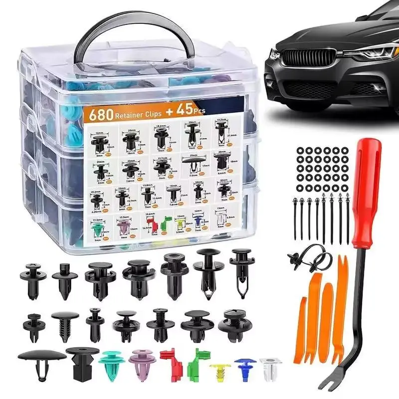 Nylon Universal Plastic Push Retainer Rivets Kit - 680 Pieces 23 Types Plastic Clips with 6-10mm Hole Sizes, Sponge-Cushion OEM Fit Auto Fender Bumper Door Trim Panel DIY Repair Fasteners with Cable Ties & Easy Removal