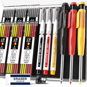 3 count Carpenter Pencils with Sharpener, Heavy Duty Woodworking Tools, Mechanical Pencil Set with 39 Refills, Deep Hole Long Nib Marker Pens for Architect Marking with Case (Red, Black, Yellow)