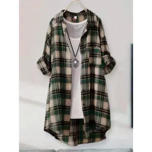 Casual Plaid Shirt Long Loose Fit Collar Button Shirt - Earth Green and Brown Plaid Pattern Machine Washable All-Season Top Loose Fit Clothing Collar Design Non-Stretch Fabric