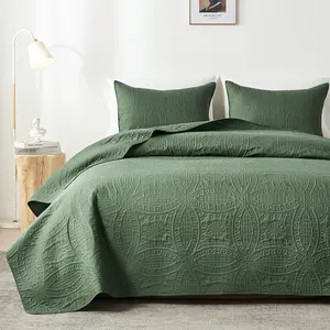 Queen Bedding Set,Olive Green Ultrasonic Full/Queen Set,Lightweight Soft Bedspread Coverlet,Style Coin Pattern Bed Cover for All,3 Piece(1,2 Pillow Shams)