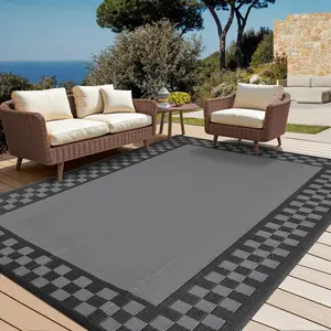GAOMON 9x18 Modern Checkered Outdoor Rugs Waterproof Patio Rugs Indoor Outdoor Bordered Reversible Mat Foldable Lightweight Plastic Straw Carpet for Deck, Picnic, Porch, Camper, Balcony, Beach, Grey