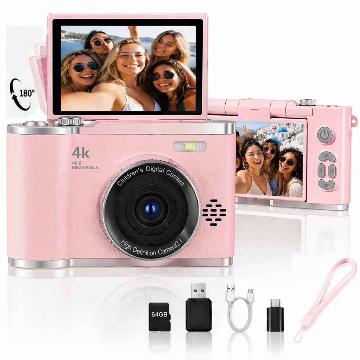 4K Portable Mini Digital Camera with 64GB Micro SD Card, 2.4-Inch 180° Flip Screen, 16x Digital Zoom Point-and-Shoot Camera for Teens and Students, 64MP Video MP3 Camera, Compact Pink Camera for Selfies, Vlogging, Travel, Parties & Birthday Gifts