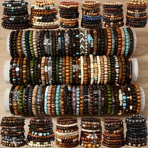 Fashion Bohemia Retro Style Wooded Beaded Bracelet- 12/24Pcs Mixed Charms Pendant Mixed Color Stackable Elastic Bracelet, Perfect For Daily Wear And Giving(Random), For Teenager