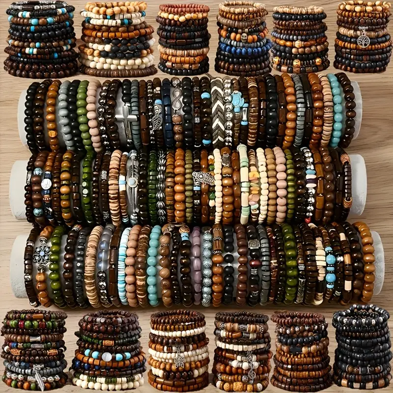 Bohemian Bracelet Set for Teenagers, 12/24-Piece Wooden Beaded Stackable Elastic Bracelets with Mixed Charms, Retro Style for Daily Wear, Bead Elastic Bangle, Boho Style