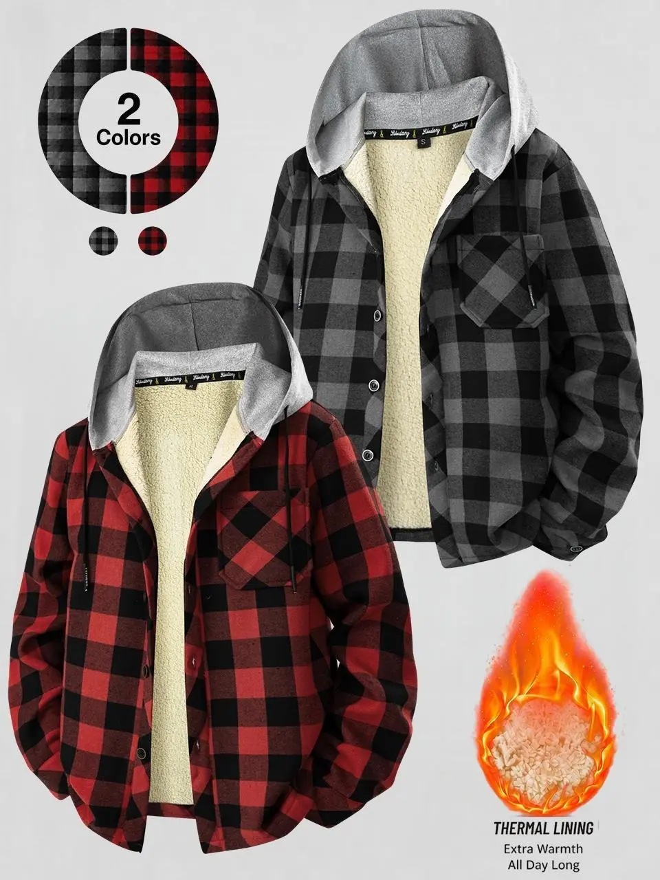 Men's Hooded Plaid Flannel Shirt Jacket, Sherpa Fleece Lined Warm Winter Shacket, Button Down Drawstring Hood Outer Coat, Chest Pocket, Loose Fit Thermal Casual Outerwear for Cold Weather Daily Wear
