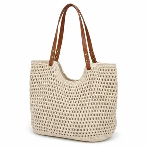Crochet Tote Bag for Women, Hollow Out Knitted Mesh Shoulder Bag with Faux Leather Handles, Summer Beach Bag, Boho Woven Purse for Travel, Vacation, Shopping & Daily Use, Lightweight Casual Tote, Everyday Carry Bag