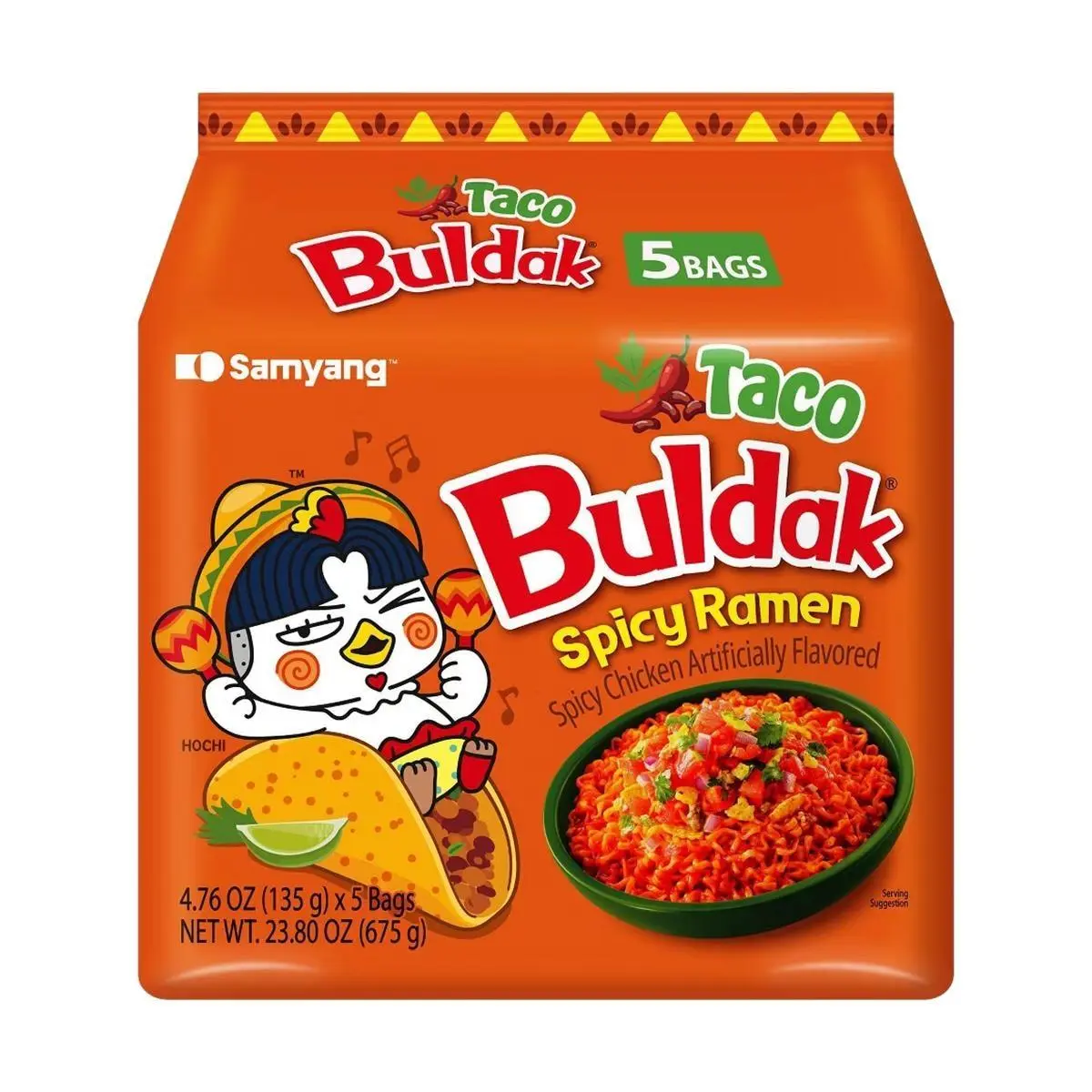 Samyang Buldak Ramen Noodles, Hot Chicken Taco Flavor, 5-Pack Instant Pantry Food